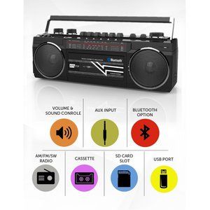 Riptunes Retro AM/FM/SW Radio + Cassette Boombox with Bluetooth and USB/SD card